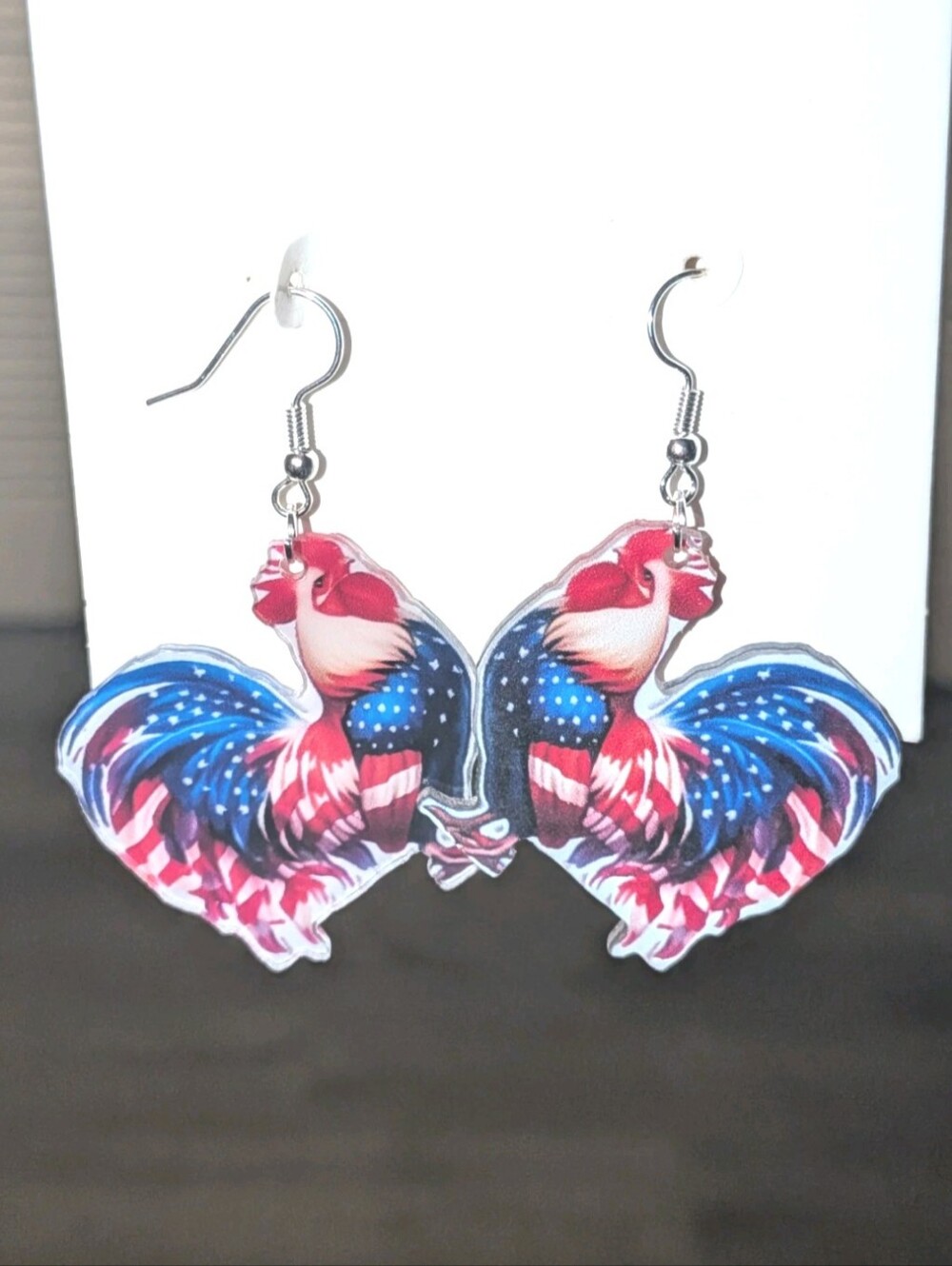 Hand Crafted Patriotic Rooster Dangle Earrings - Red, White & Blue